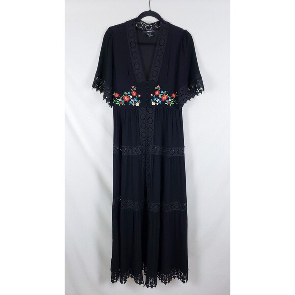Boho Floral Embroidery Duster Kimono Womens M Black Buttoned Waist Peasant Lace - Picture 2 of 10